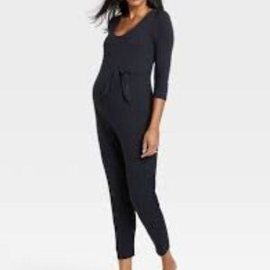 Nines by HATCH™ 3/4 Sleeve Tie Waist Maternity Jumpsuit Black S